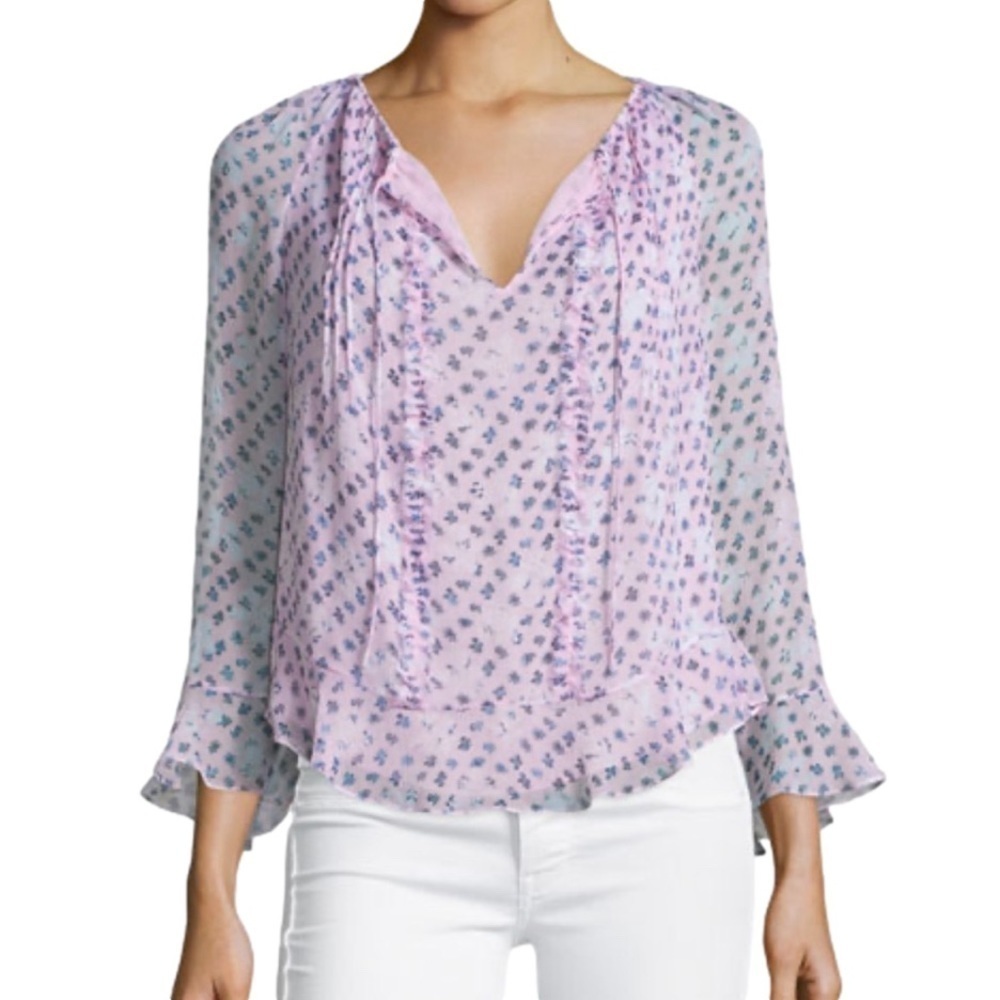 Diane Von Furstenberg Simonia Daisy Shadows Plisse Silk Blouse Size 4 Pi…